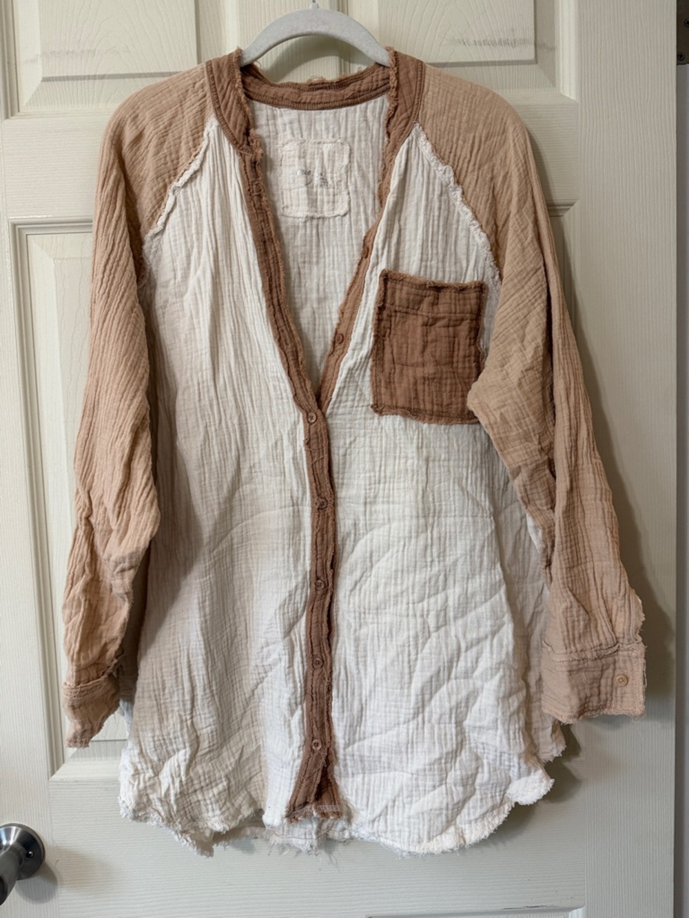 Aerie Gauze Button-Front Beach Top in Cream and Light Brown Trim